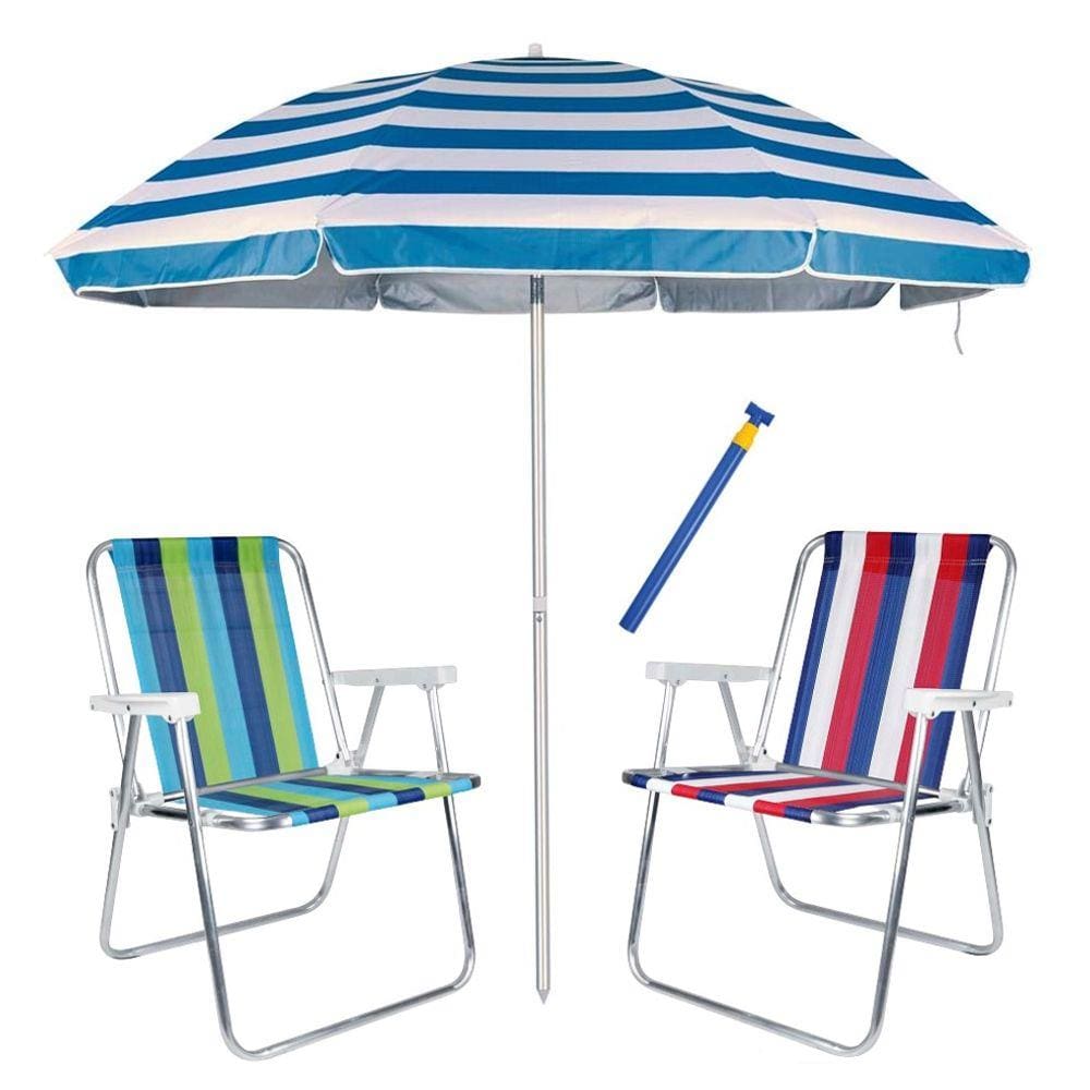 Kit Praia 2 Cadeiras Alta Alumínio + Guarda Sol 2,6m Listrado Alum + Saca Areia - Mor