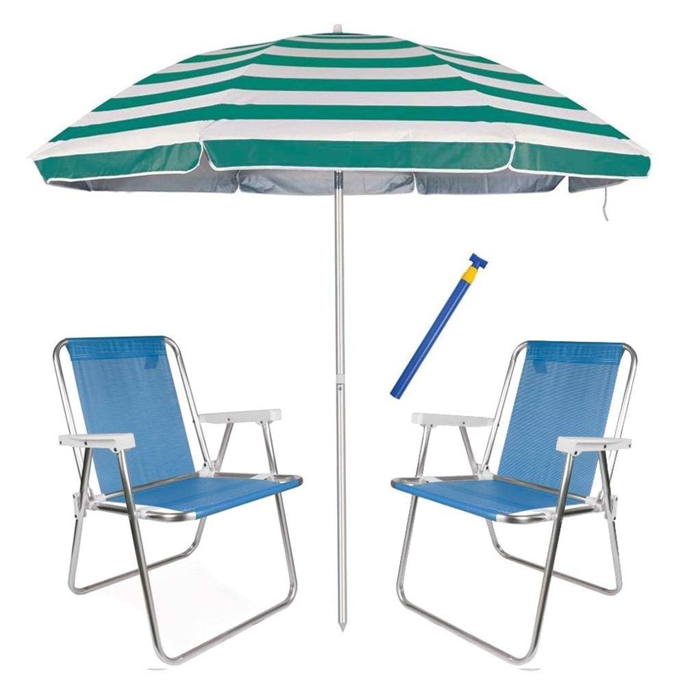 Kit Praia 2 Cadeira Alta Sannet alum + Guarda Sol 2,6m Listrado Alum + Saca Areia - Mor
