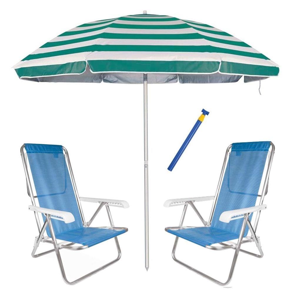 Kit Praia 2 Cadeira Reclinável 8 Pos Sannet Alum + Guarda Sol 2,6m + Saca Areia - Mor