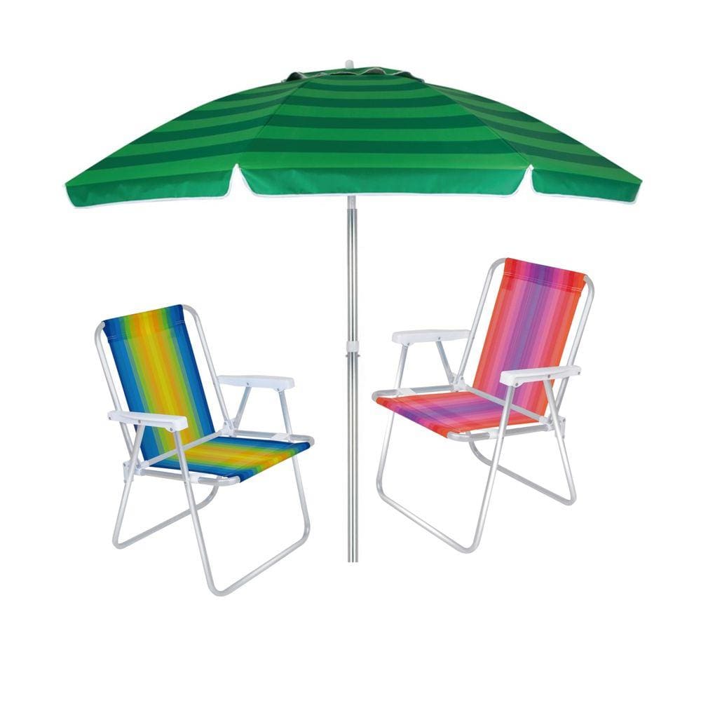 Kit Praia 2 Cadeira Alta Alumínio + Guarda Sol 2 Metros Sombreiro Alumínio - Mor