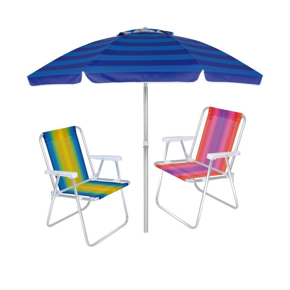 Kit Praia 2 Cadeira Alta Alumínio + Guarda Sol 2 Metros Sombreiro Alumínio - Mor