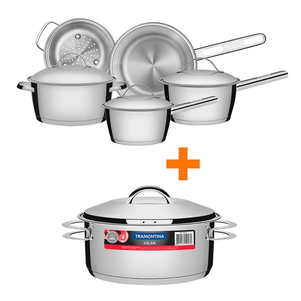 KIT - Conjunto de Panelas Inox 5 PCS Allegra + Panela Inox Fundo Triplo Solar 4,7L - Tramontina