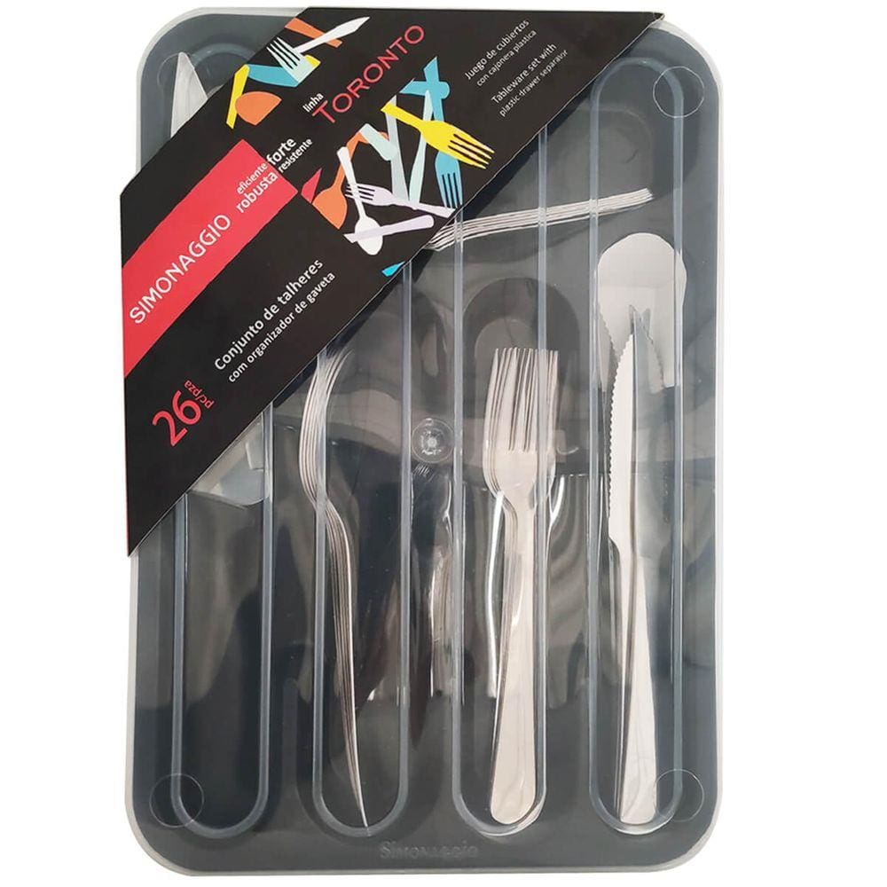 Organizador de Talheres Faca de Cozinha e Jogo Faqueiro Toronto Inox 26 peças Simonaggio