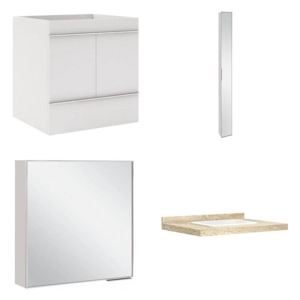 Conjunto para Banheiro com Espelho, Gabinete, Lavatório em Porcelanato e Armário Vertical Bumi Bumi Travertino