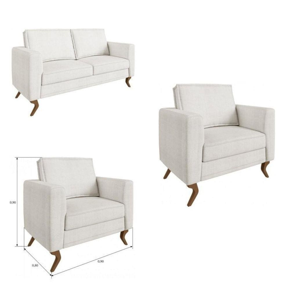 Conjunto de Sofá 2 lugares e 2 Poltronas Caprice Casa de Pedra Estofados Cru/Algodão