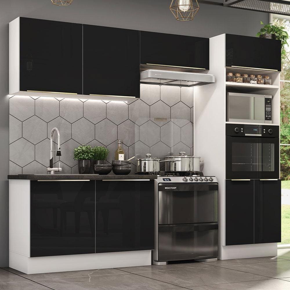Cozinha Completa Madesa Lux 270001 com Armário e Balcão – Branco/Preto