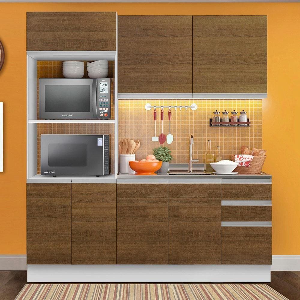 Armário de Cozinha Compacta 100% MDF Madesa Acordes XB190001 com Balcão e Torre - Branco/Rustic