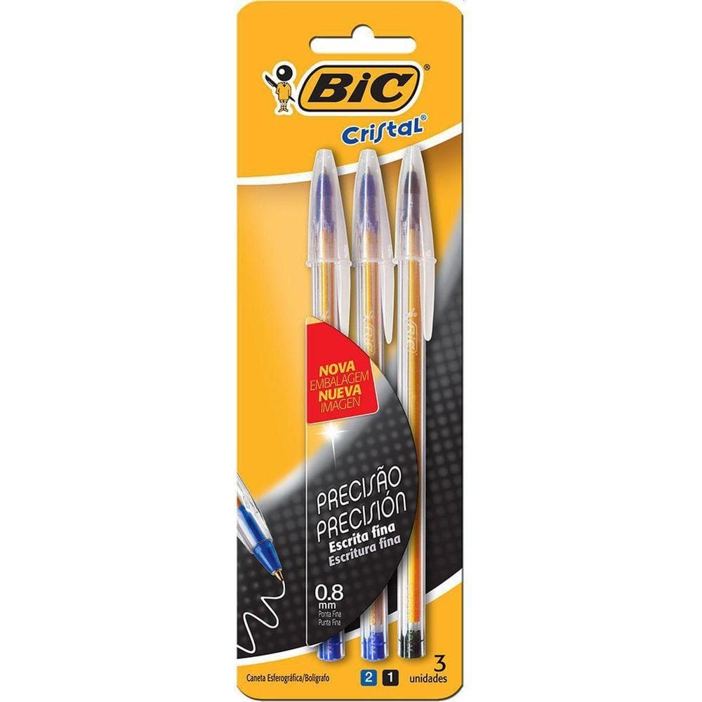 Caneta Esferográfica Bic Cristal Fina 2 Azuis + 1 Preta