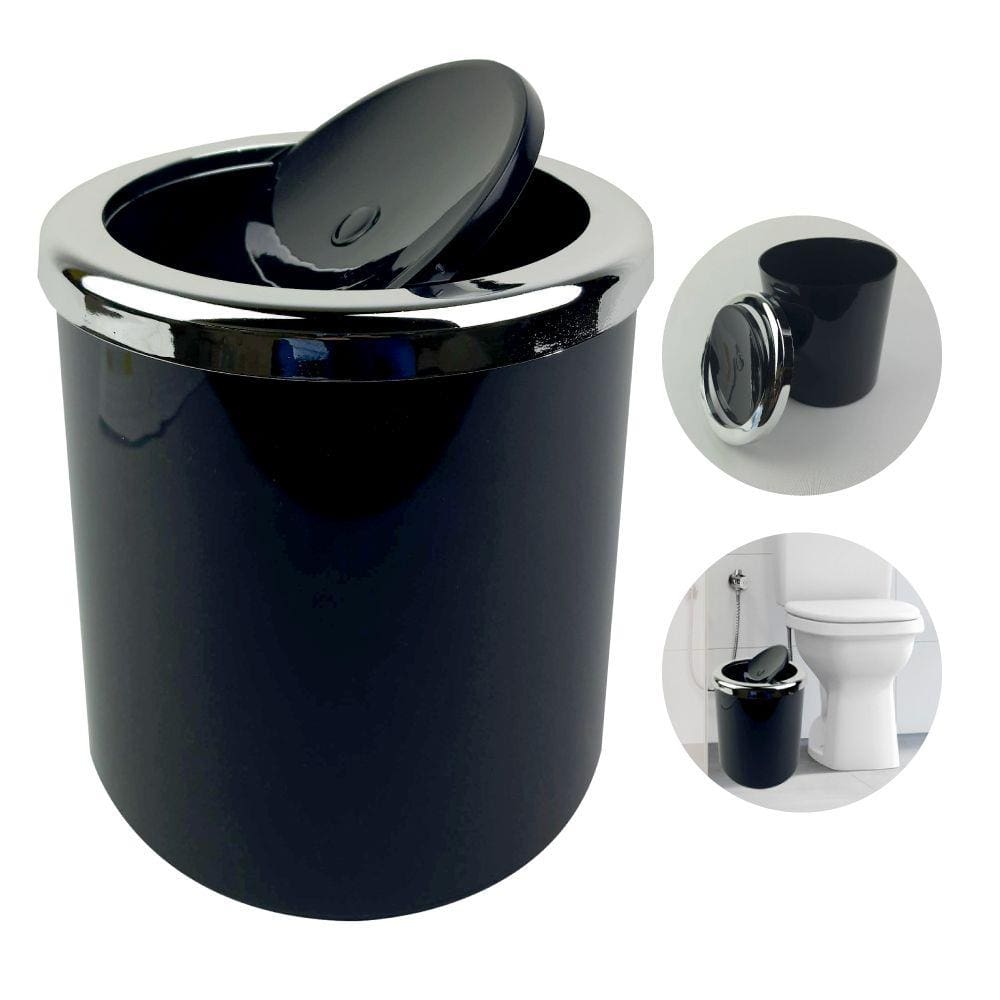 Lixeira 5 Litros Para Banheiro Cozinha Com Tampa Basculante Redonda Metalizada Cromada Plástica - AMZ