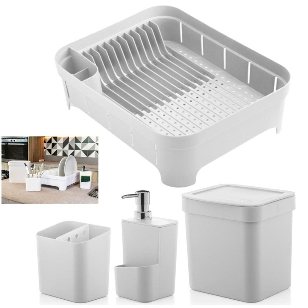 Kit Cozinha Trium Escorredor Louça + Porta Talheres + Dispenser Detergente + Lixeira - Ou