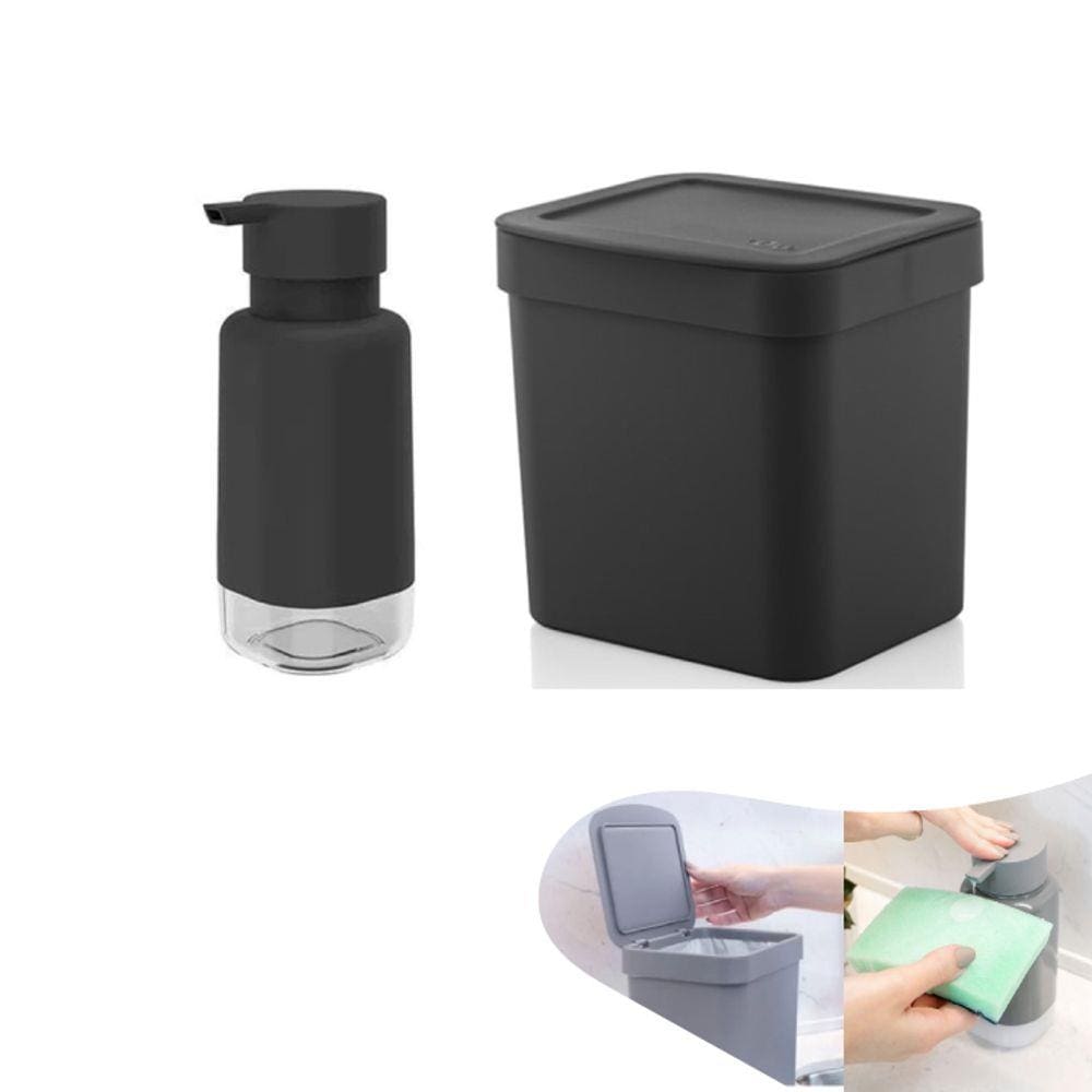 Kit Lixeira 2,5l Com Tampa Dispenser Porta Detergente Bancada Pia Cozinha - Ou