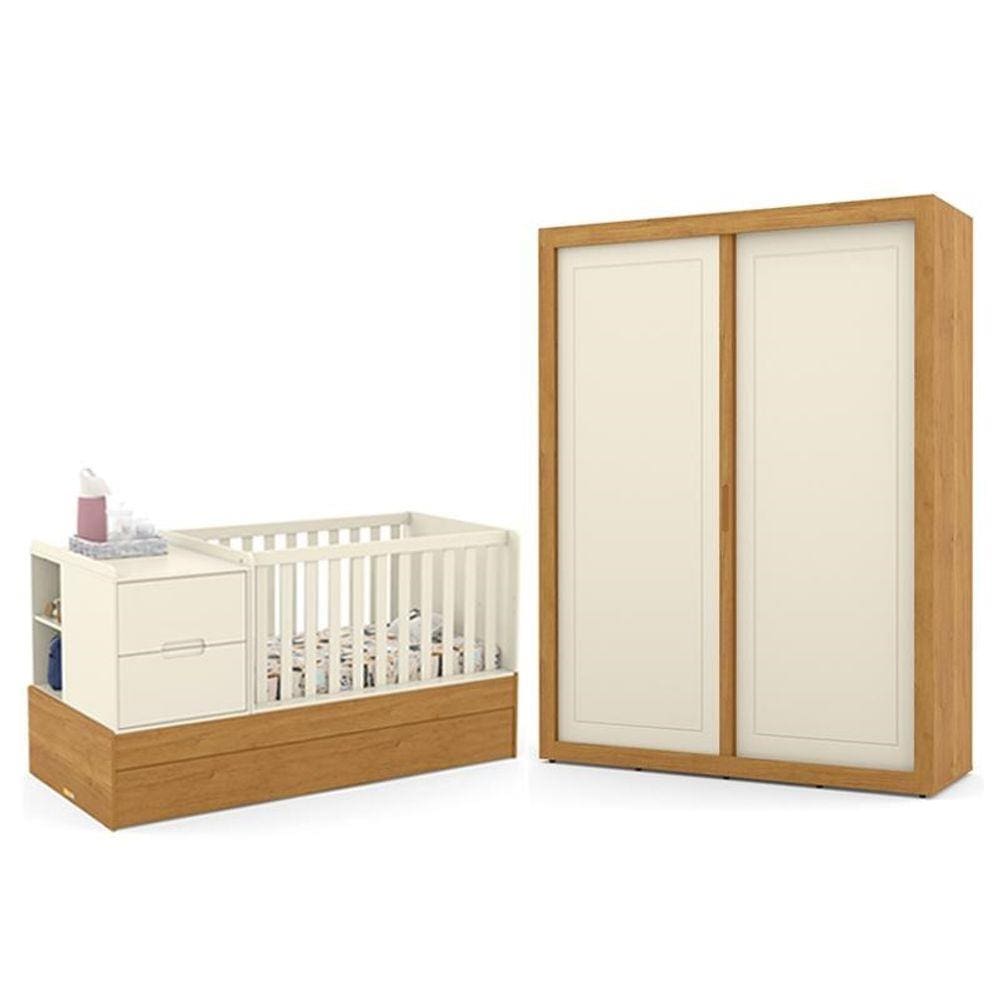 Jogo de Quarto Infantil Tutto New com Guarda Roupa 2 Portas de Correr e Berço Multifuncional Formare Off White/Freijó - Matic Móveis