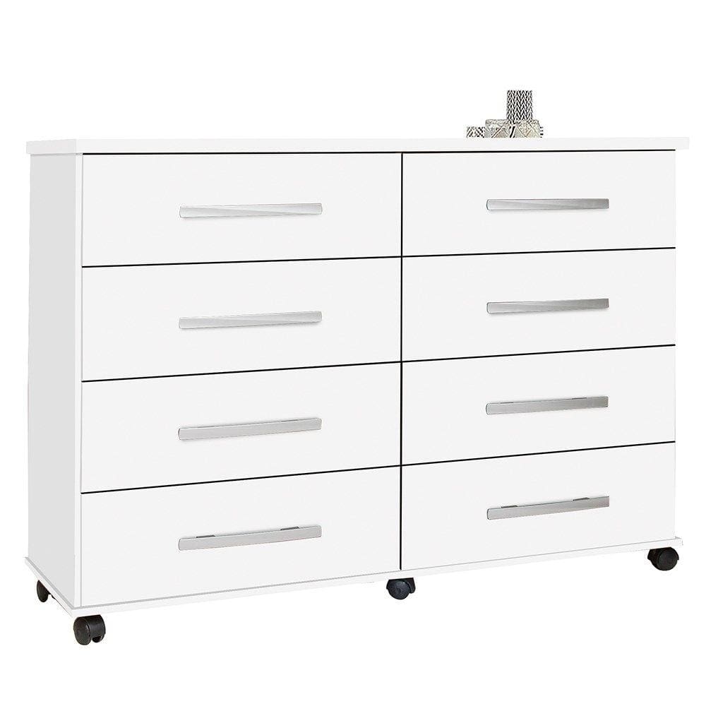 Cômoda para Quarto 136cm 8 Gavetas com Rodízios Jade Branco Luxo - Móveis Primus