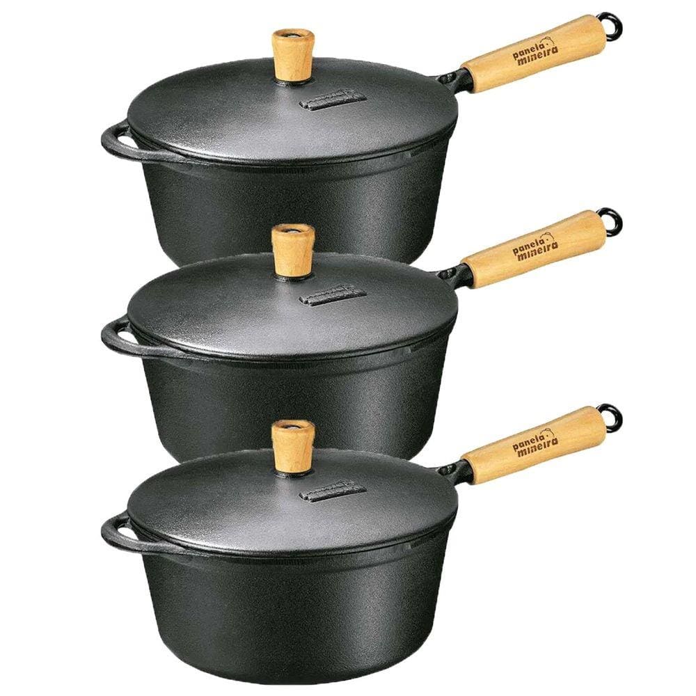 Kit Caçarolas de Ferro Tampa Ferro Cabo Madeira 19,21 e 25cm