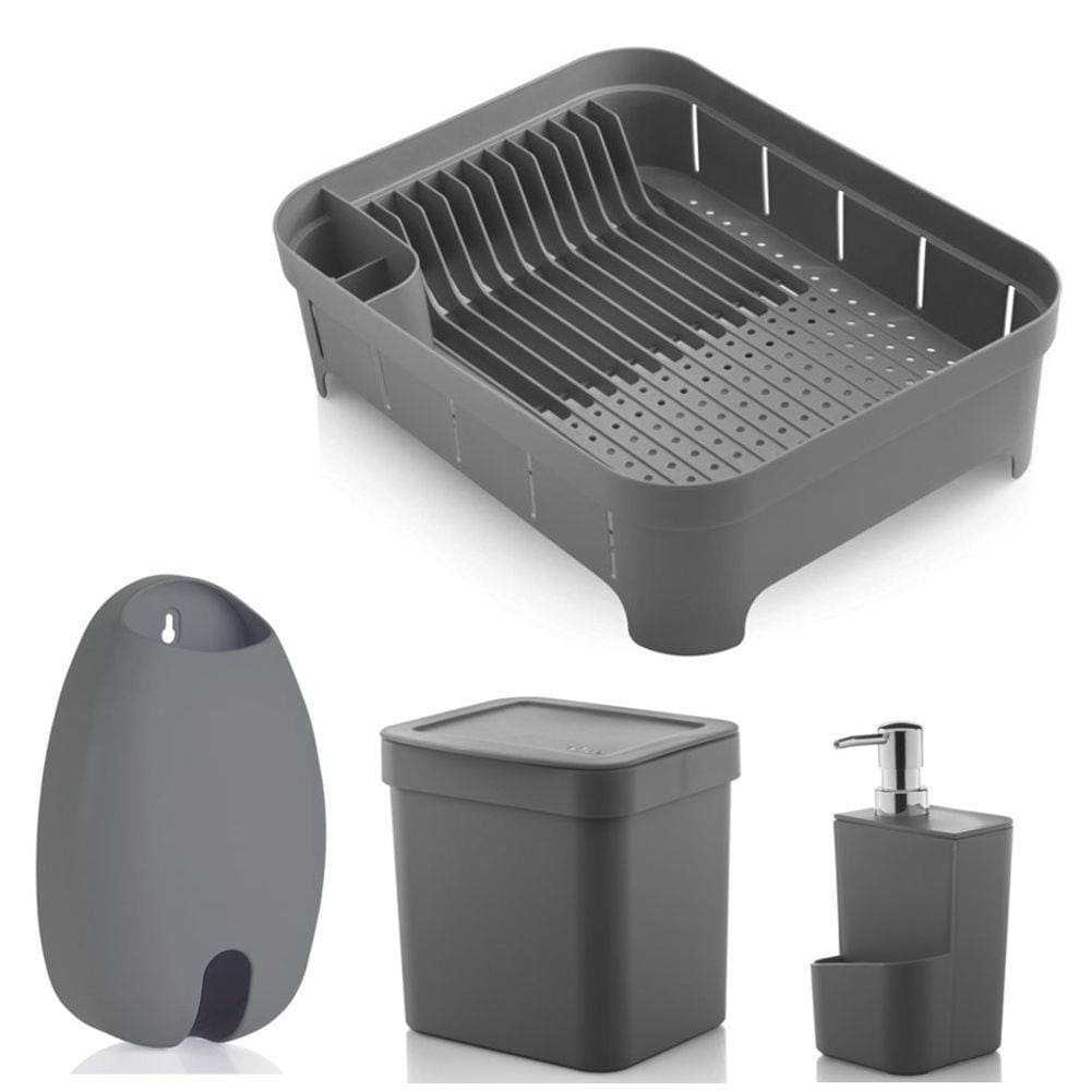 Kit Cozinha Escorredor De Louças + Lixeira 2,5L + Dispenser Detergente + Porta Sacolas - Ou