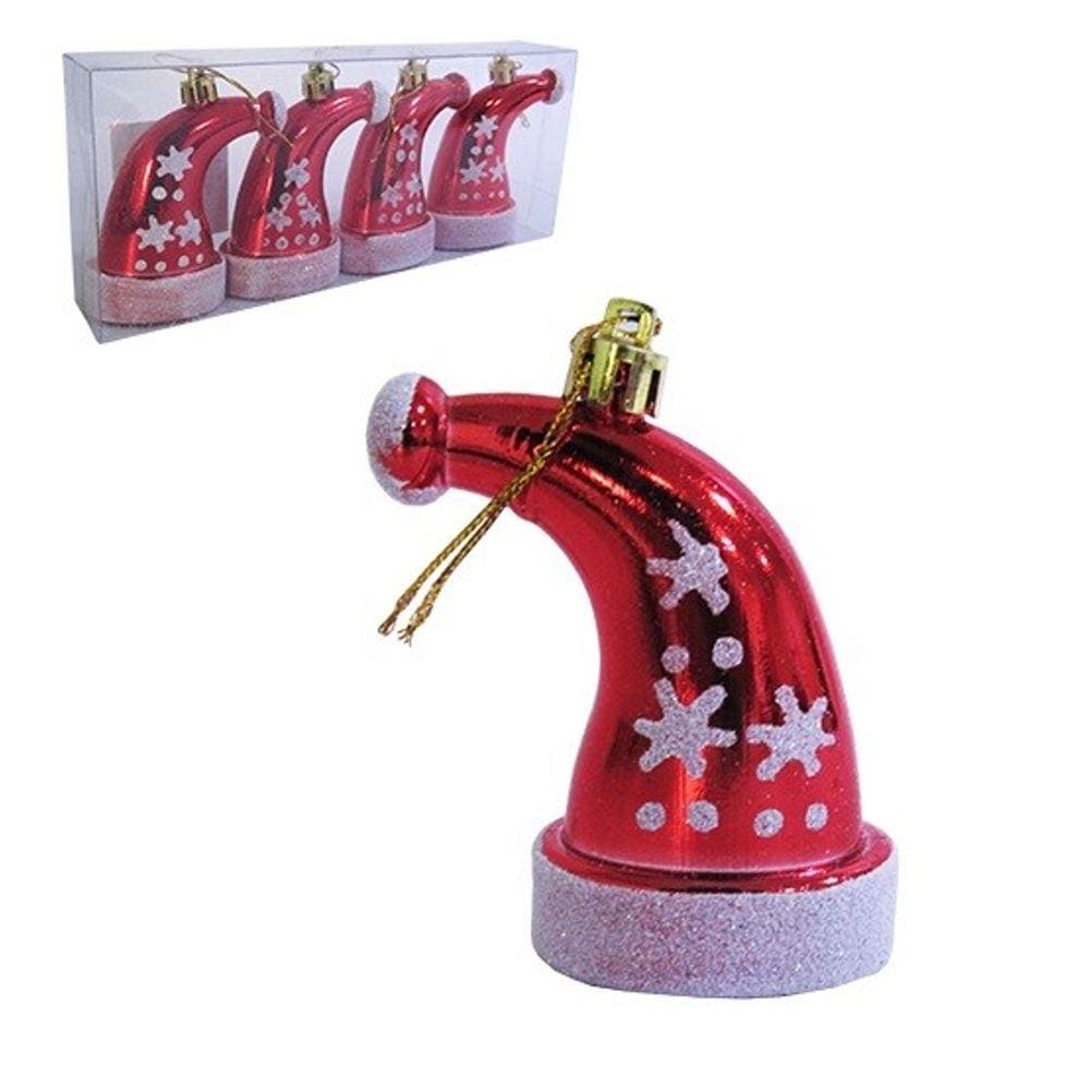 Enfeite Pendurar Touca Plástica Vermelho Com Glitter 7cm C/4 Pçs