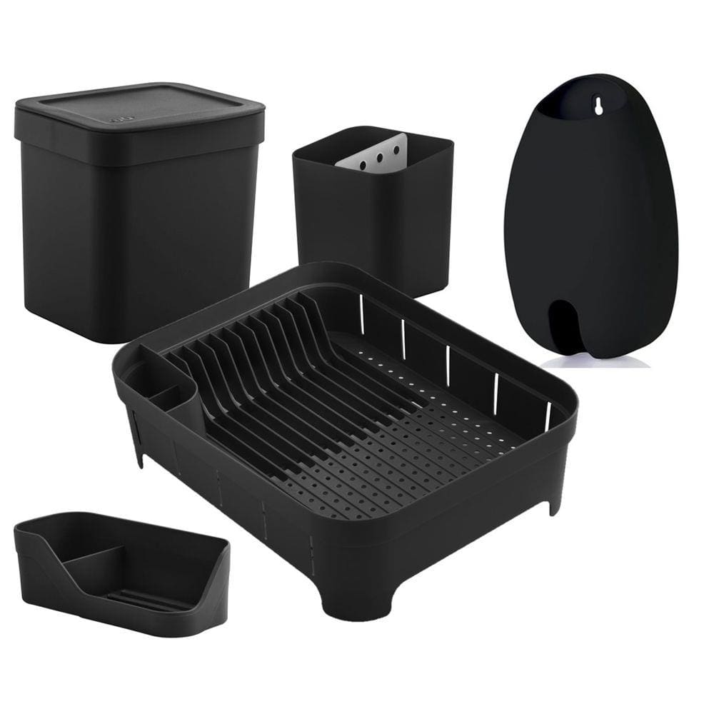 Kit Cozinha Escorredor Louças Talheres Lixeira 4,7L Organizador De Pia Porta Sacolas Preto - Ou