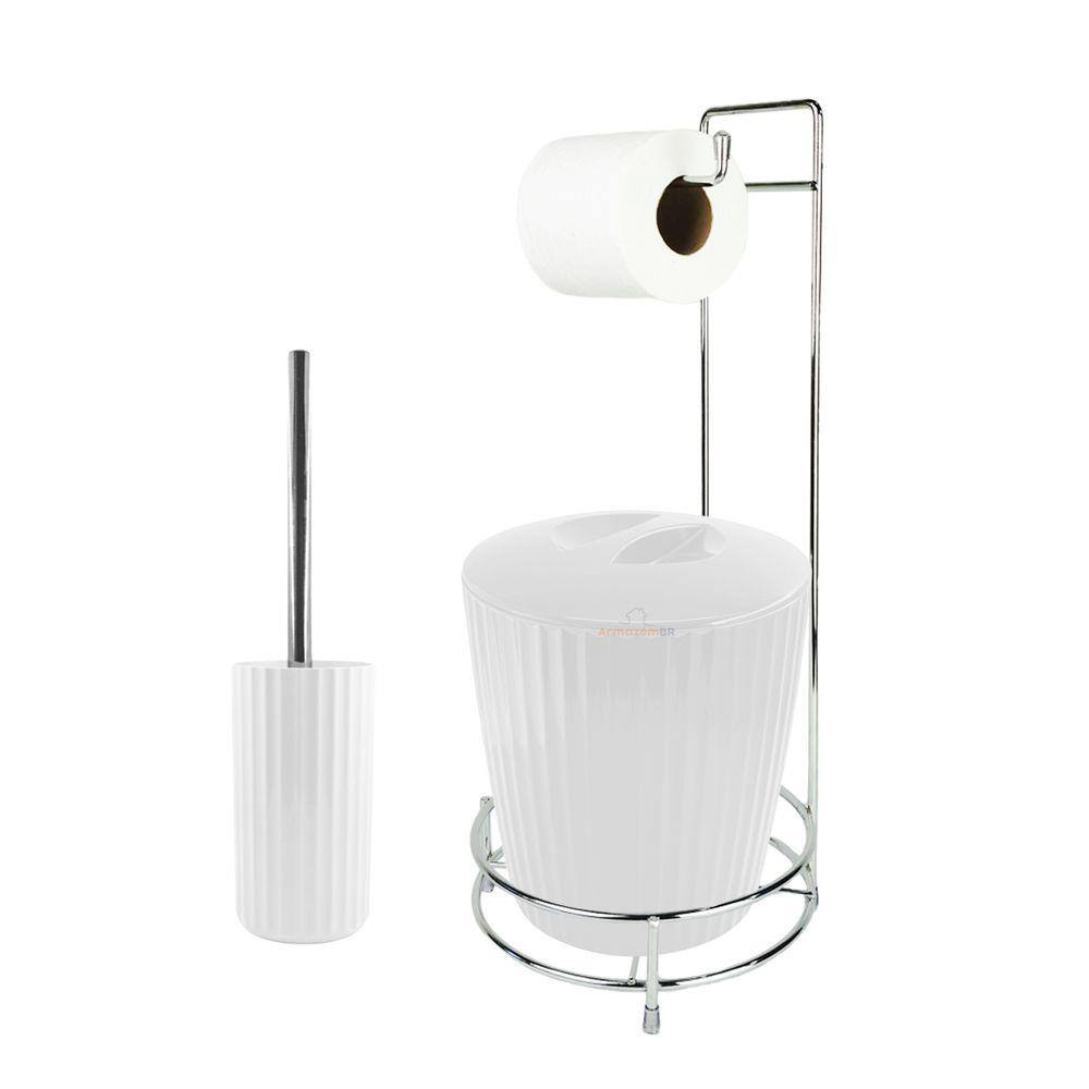 Kit Suporte Porta Papel Higiênico Escova Sanitária Lixeira Com Tampa 5L Groove - Ou