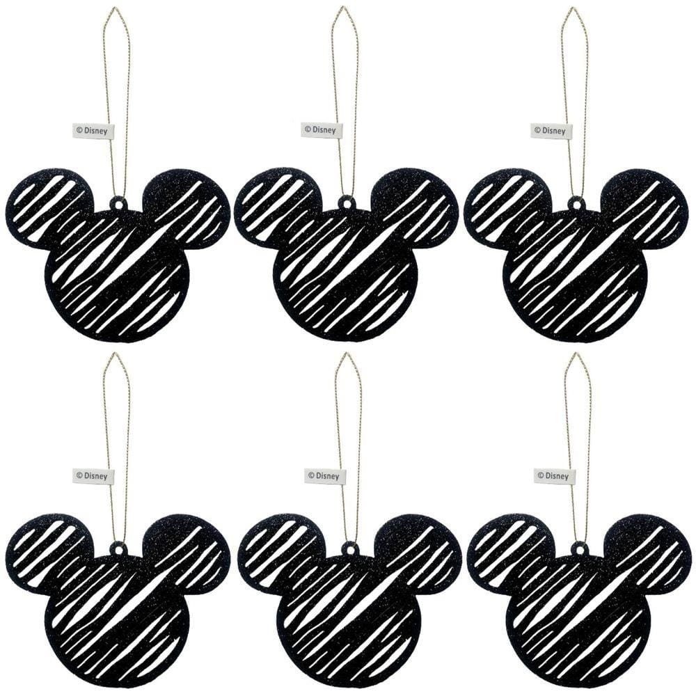 Conjunto 06 Enfeites Para Árvore De Natal Temáticos Decorados Personagem Mickey Mouse - Preto Com Glitter - Decoração Natalina - Disney