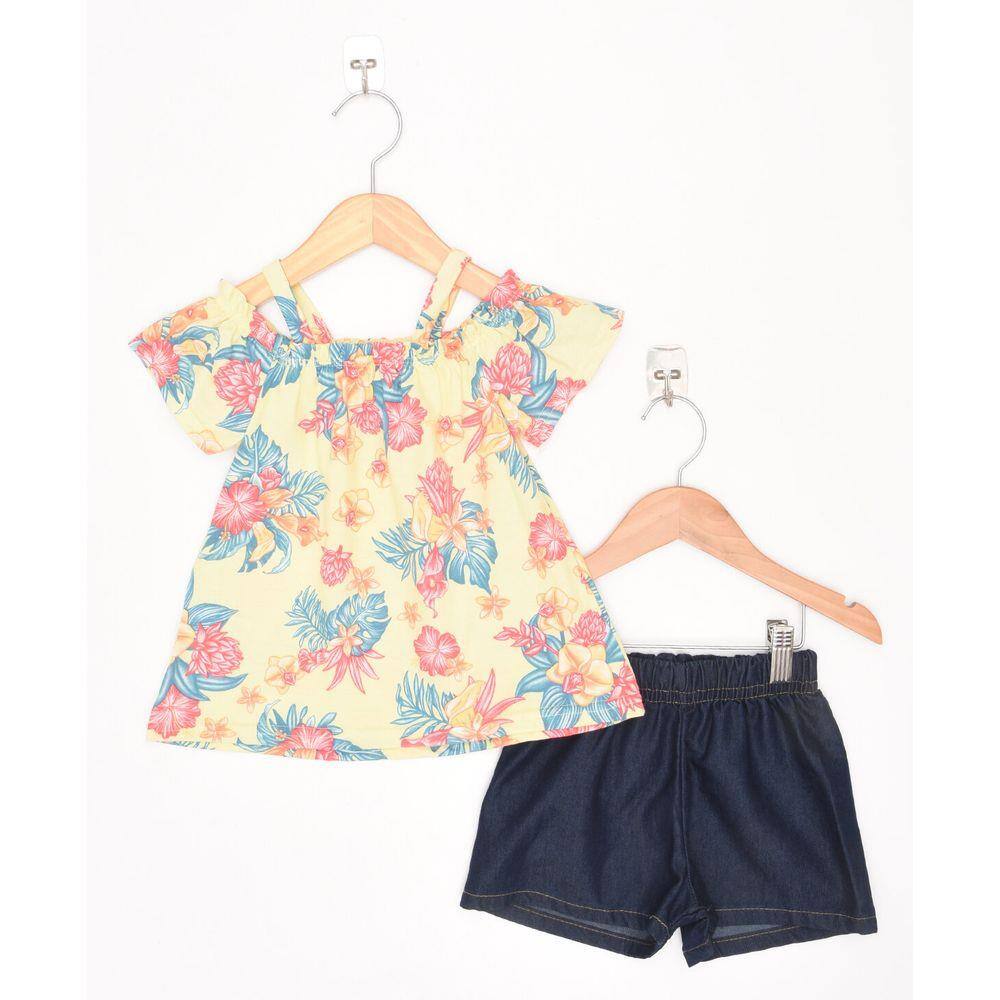 Conjunto Infantil Feminino Blusa+Short Jeans - Amarelo - Meia malha - Elian  | Extra