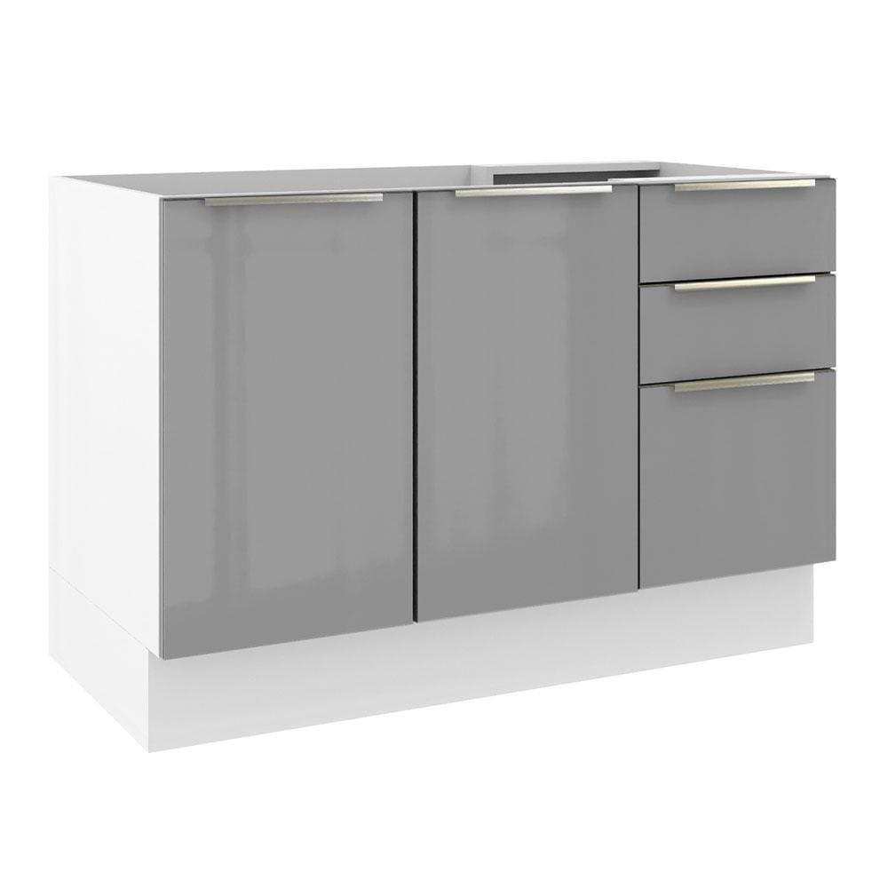 Balcão Gabinete de Pia 120cm 2 Portas 3 Gavetas Branco Cinza