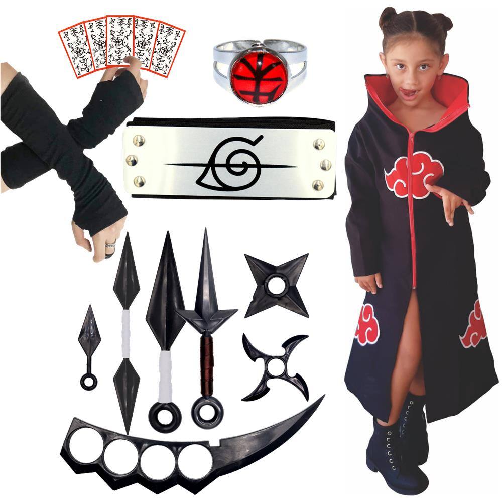 Kit Manto Akatsuki Infantil + Bandana Anel Luva Kit Kunai | Extra