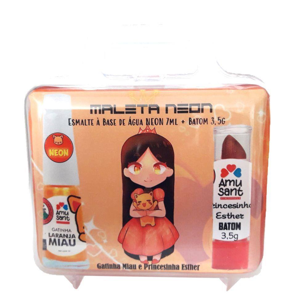 Maleta Neon Amusant Esmalte Gatinha Laranja Miau + Batom Esther