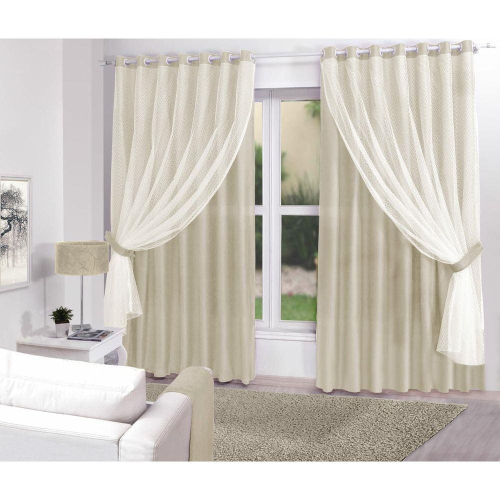 Cortina Creme Sala/quarto Tecido Com Renda 3,00 X 2,70 Lançamento!