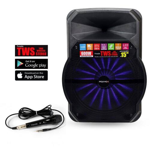 Caixa De Som Amplificada Xc-515 TWS Polyvox Bluetooth Usb 600w + Microfone com Fio Polyvox