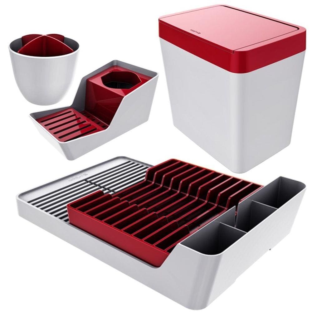 Kit Escorredor De Louças / Talheres + Organizador De Pia + Lixeira - Branco Crippa