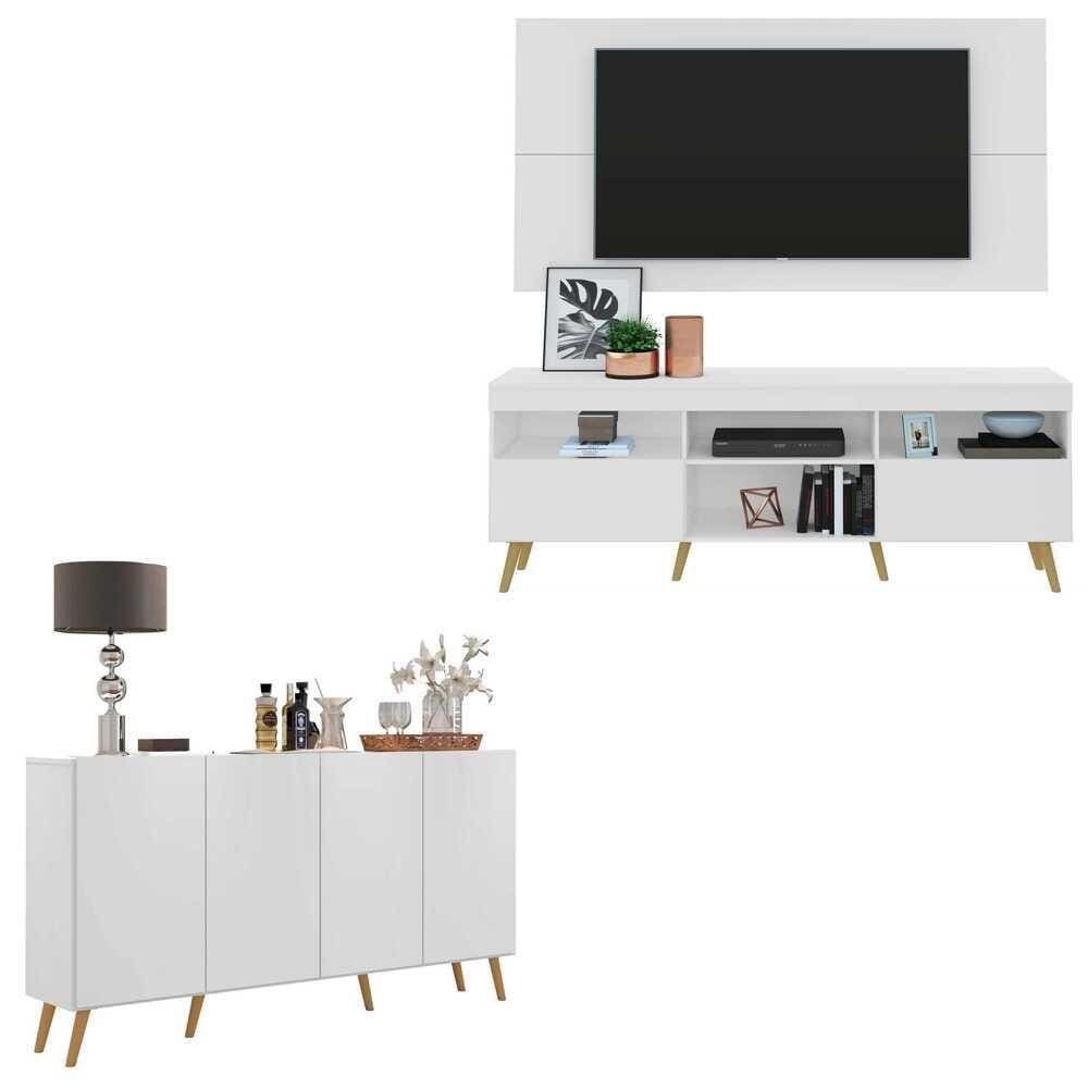 Conjunto Sala de Estar Rack + Painel TV 65\" e Aparador Retrô Sofia Multimóveis Branco/Natural