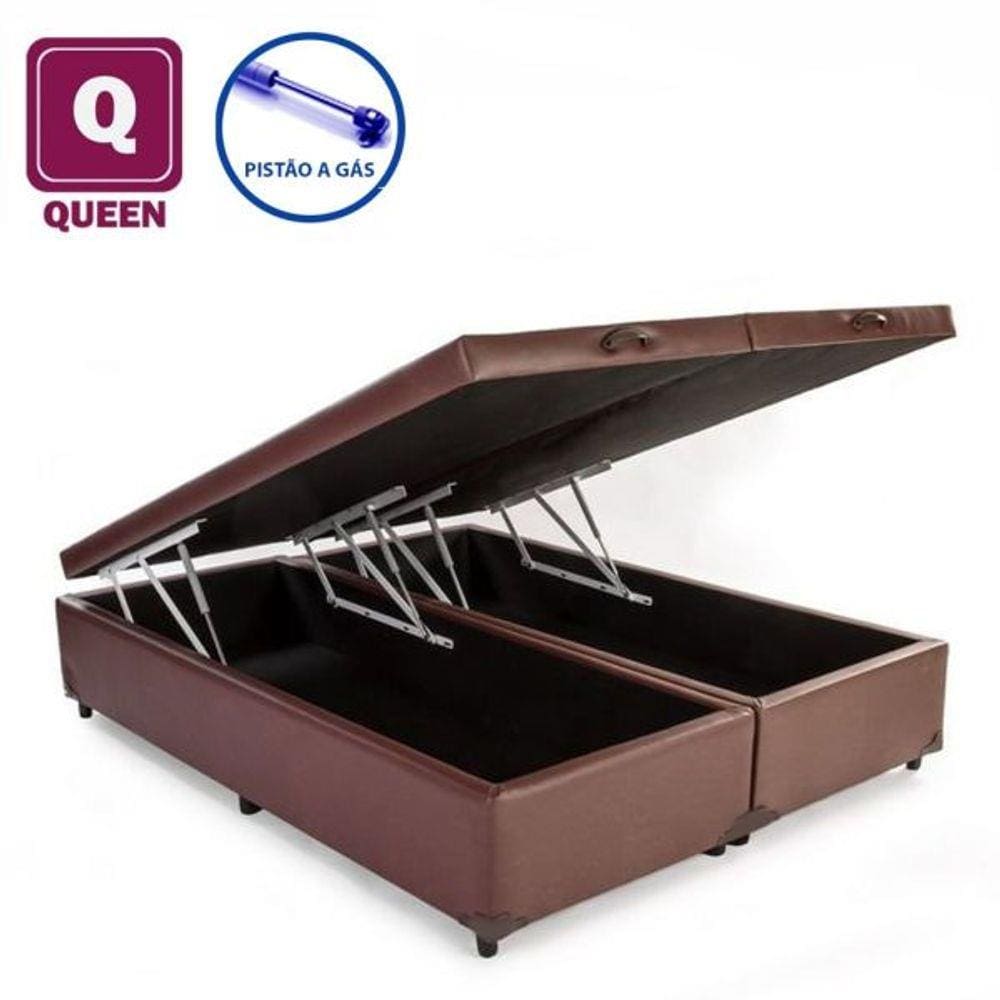 Cama Box Baú Queen size Bi partida em Corino marrom com Pistão a gás - 158x198x27