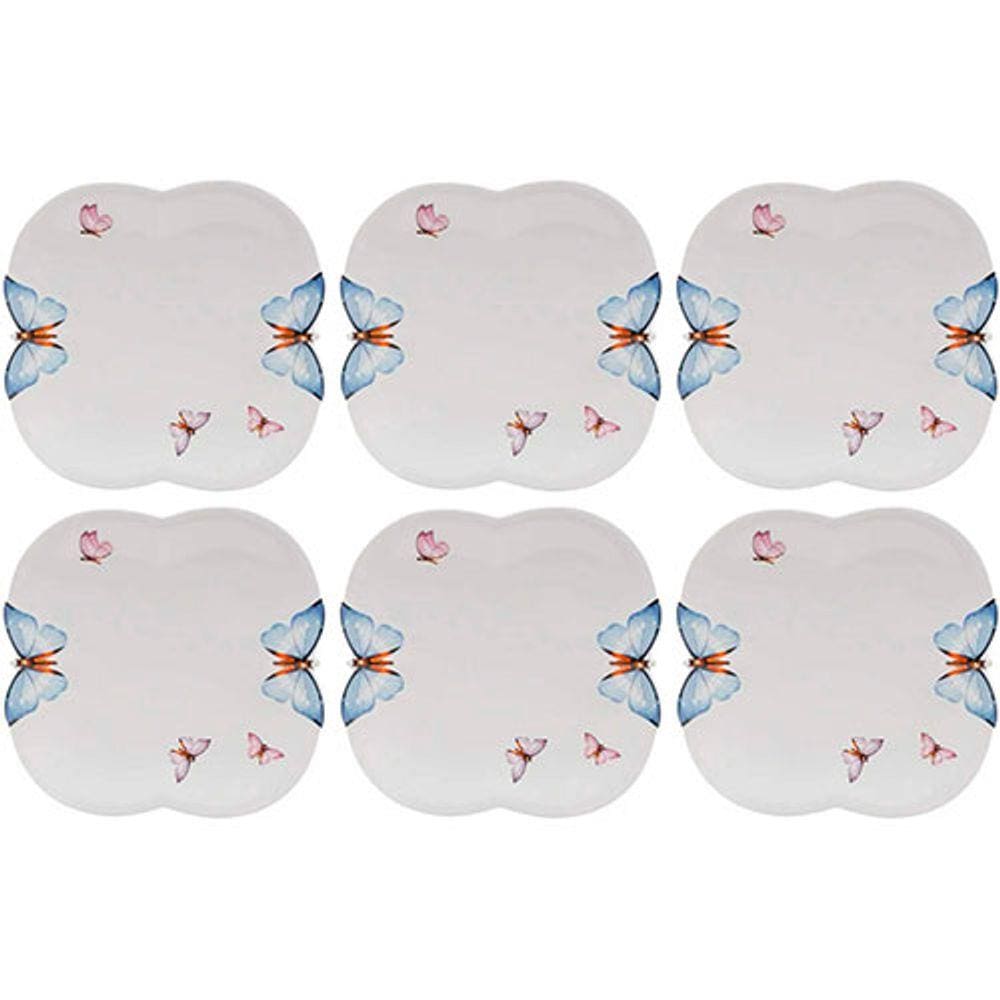 Jogo Pratos Rasos em Porcelana Borboletas 6 peças