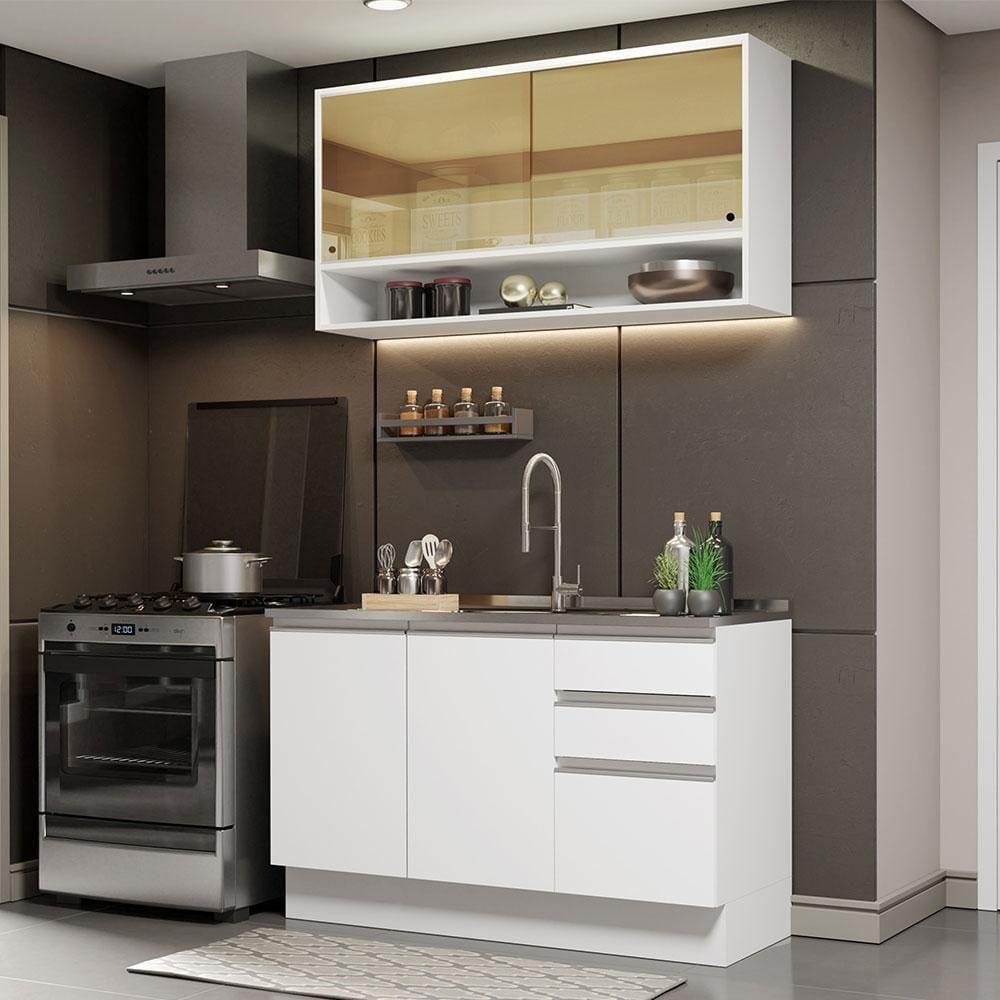 Cozinha Compacta Madesa Glamy 120002 com Armário e Balcão (Sem Tampo e Pia) – Branco