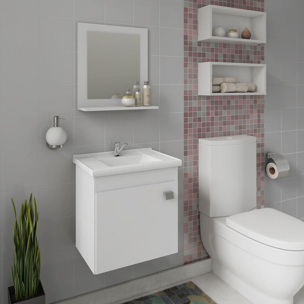 Armário Para Banheiro Iris Com Pia e Espelheira Branco