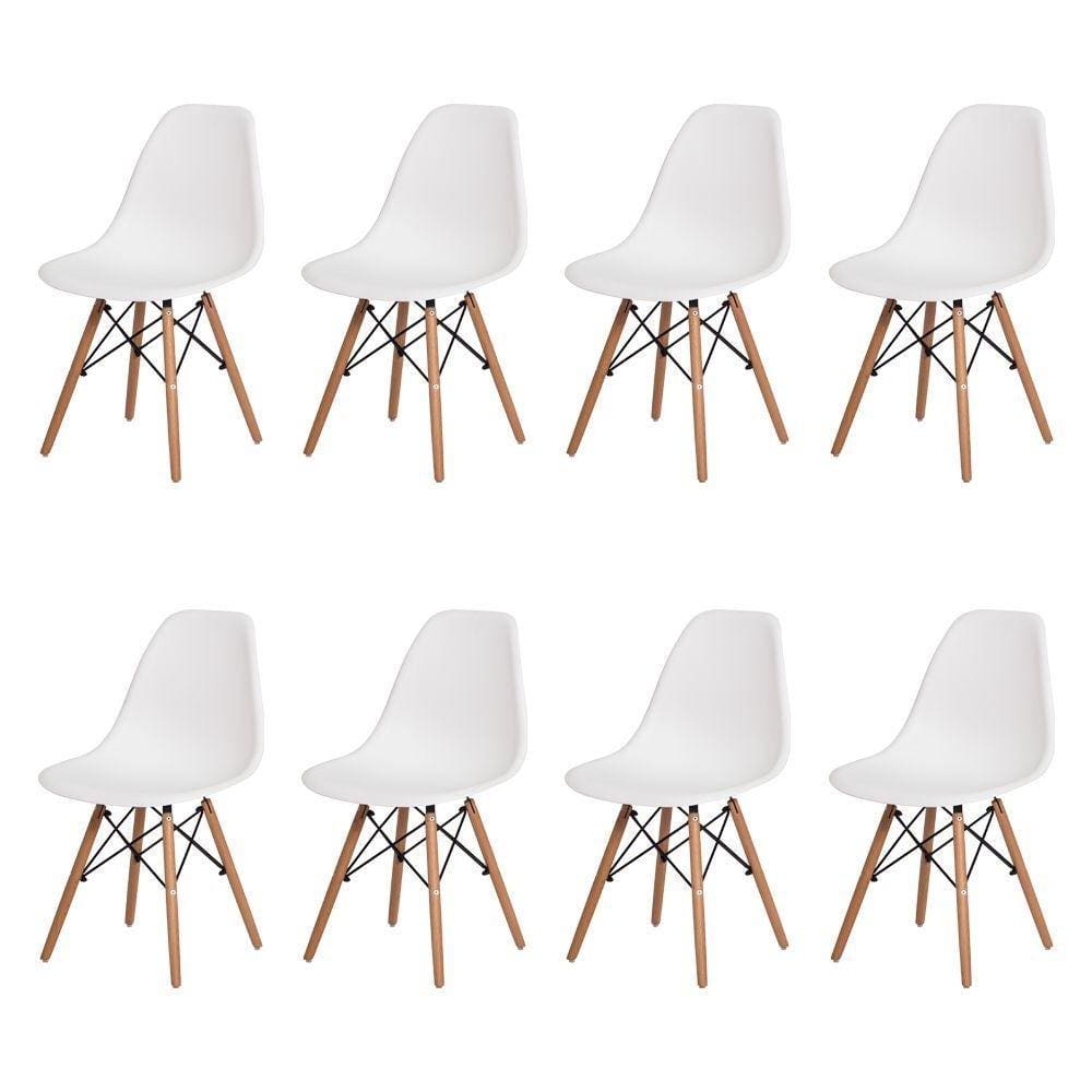 Kit 8 Cadeiras Charles Eames Eiffel Branca Base Madeira Sala Cozinha Jantar