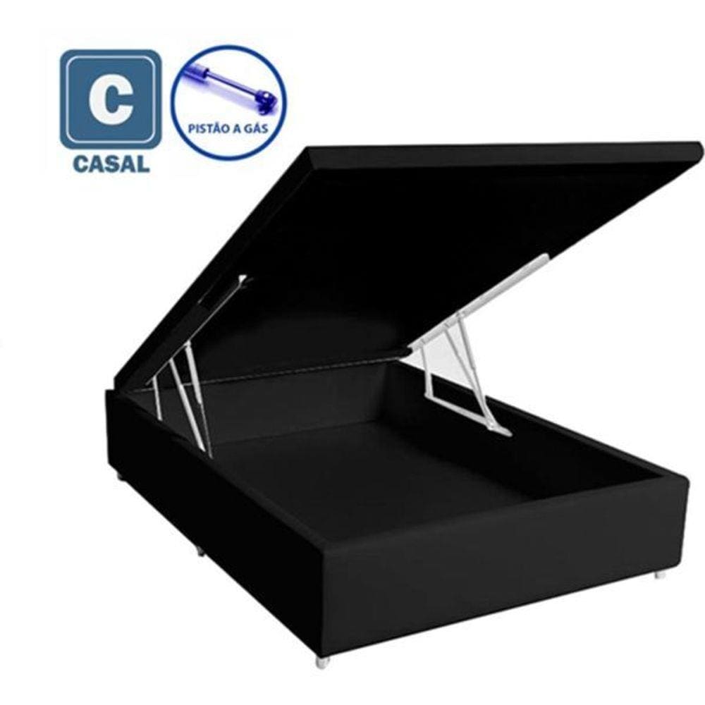 Cama Box Baú Casal em Corino Preto com Pistão a Gás - 138x188