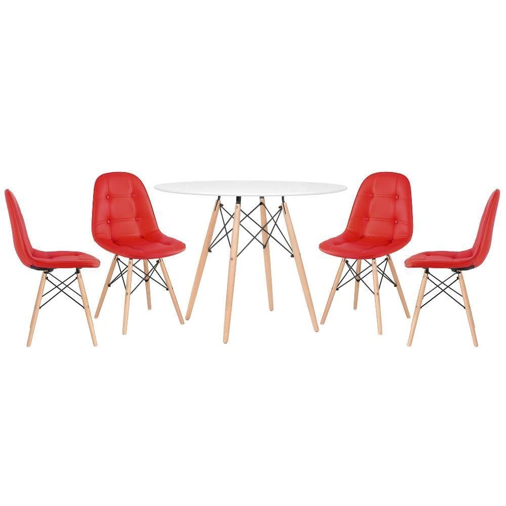 KIT - Mesa redonda Eames 100 cm branco + 4 cadeiras estofadas Eiffel Botonê
