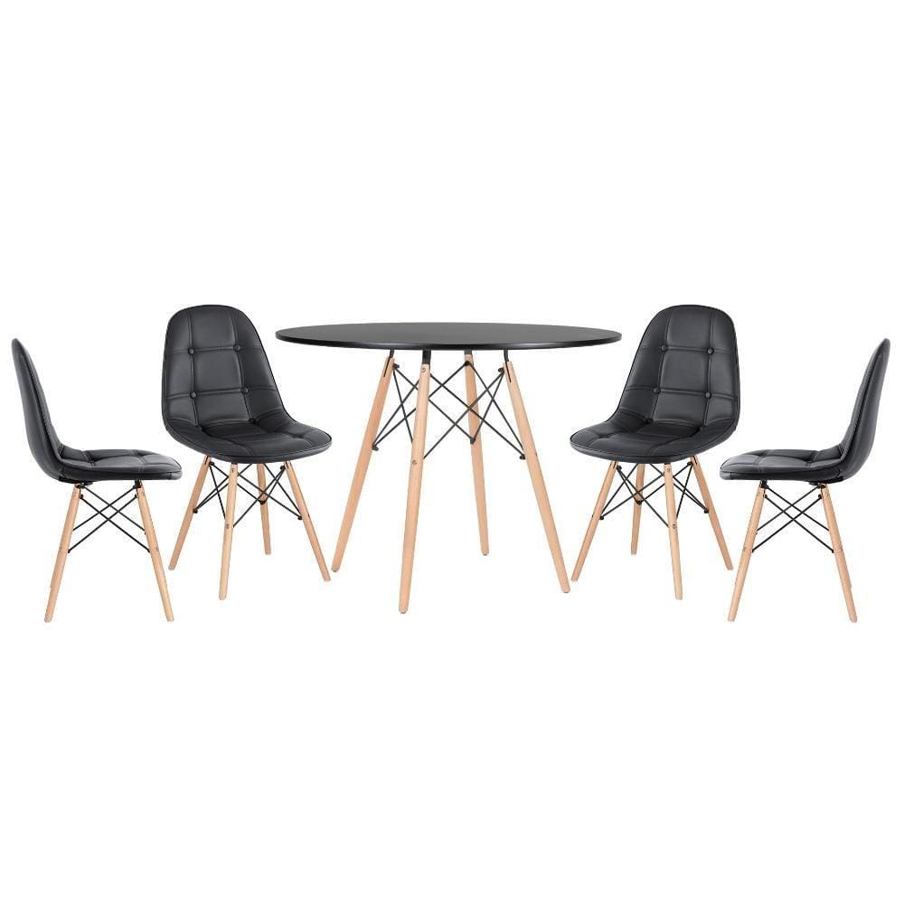 KIT - Mesa redonda Eames 100 cm preto + 4 cadeiras estofadas Eiffel Botonê
