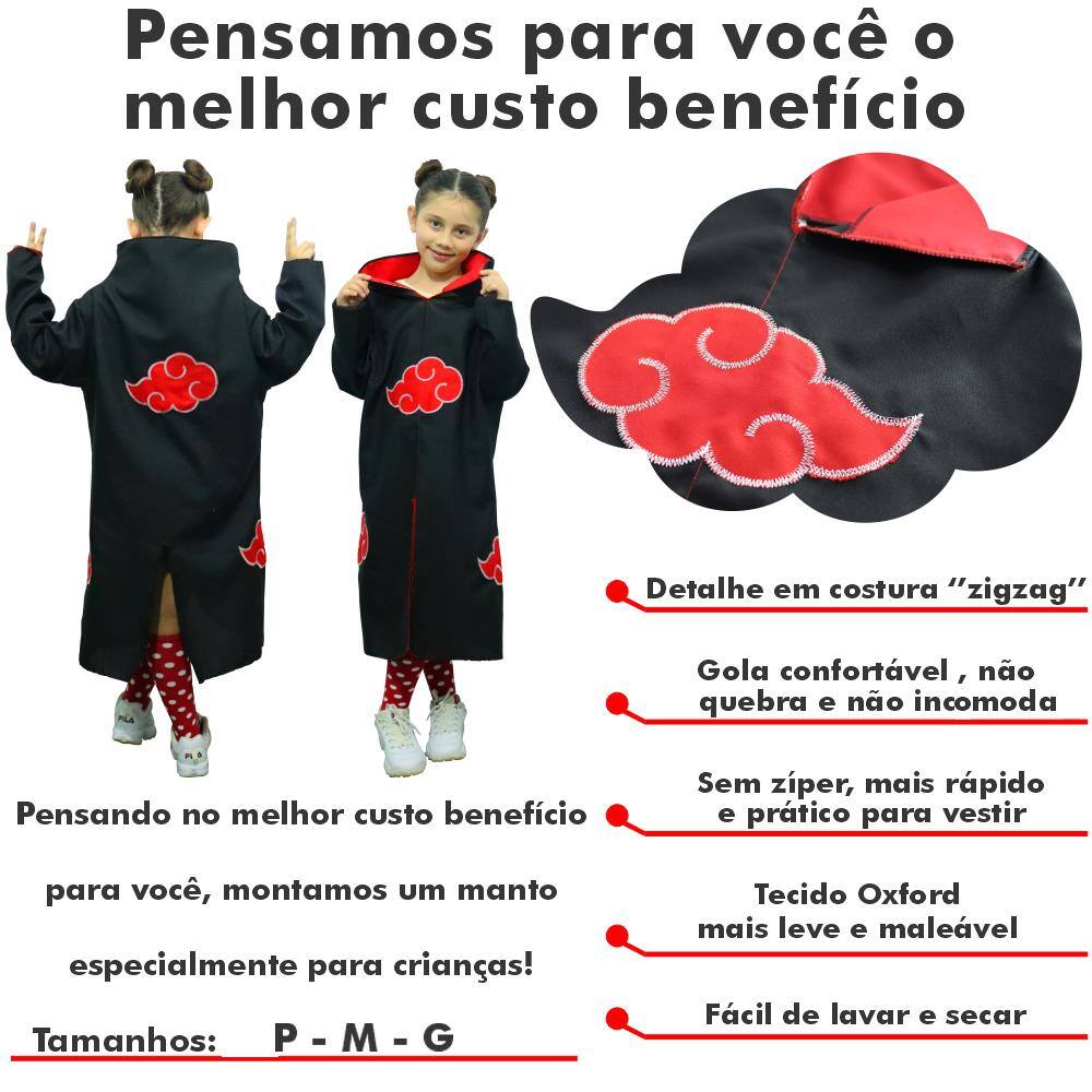 Manto Akatsuki Infantil + Bandana Anel Itachi + 16 pçs Ninja | Extra