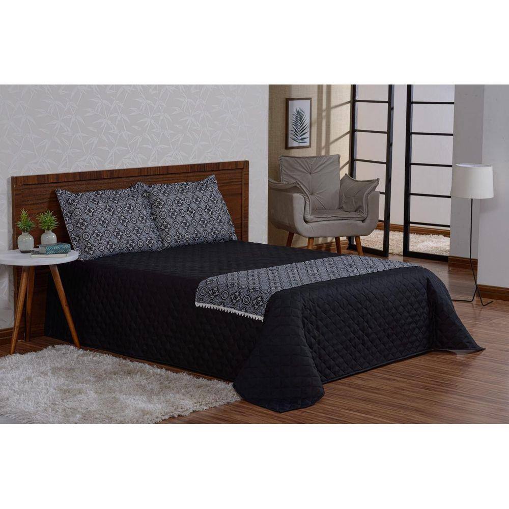 Colcha Cama Casal Queen Com Xale Estampado Preto 4 Peças