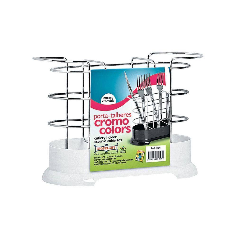 Porta Talheres Mestre Cuca Aço Cromado Base Branca 3 Repartições - Niquelart
