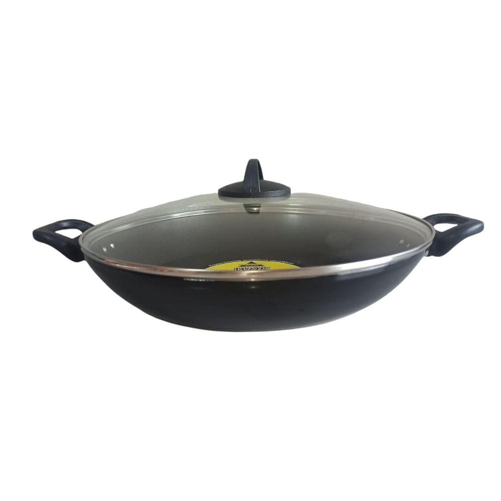 Panela Frigideira Wok 32cm Preta - 5 Camadas Antiaderente Tampa De Vidro - Ficone Reis