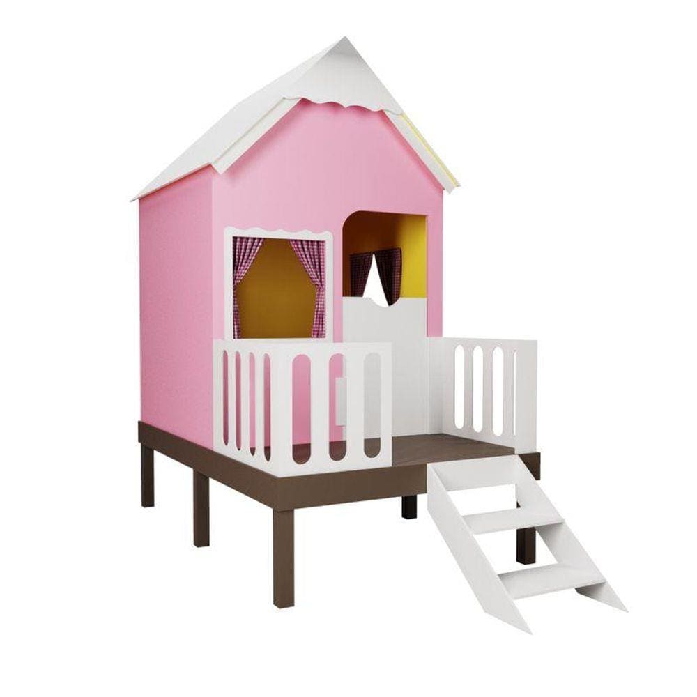Casinha de Brinquedo Alta Rosa com Cercadoe e Telhado Branco