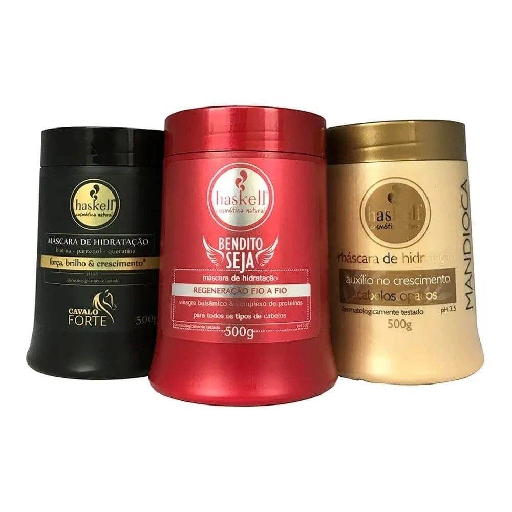 KIT CRONOGRAMA CAPILAR MÁSCARA HASKELL 500gr | BENDITO SEJA | CAVALO FORTE | MANDIOCA