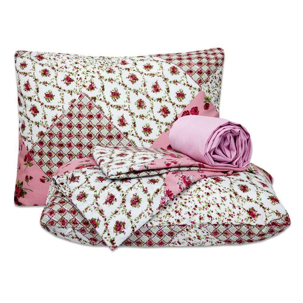 Jogo Lençol Classic Cama King 4 Peças Rosa Buquê De Flores