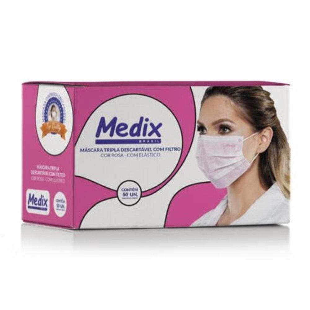 Máscara Tripla Descartável Com Filtro Medix C/50 Rosa