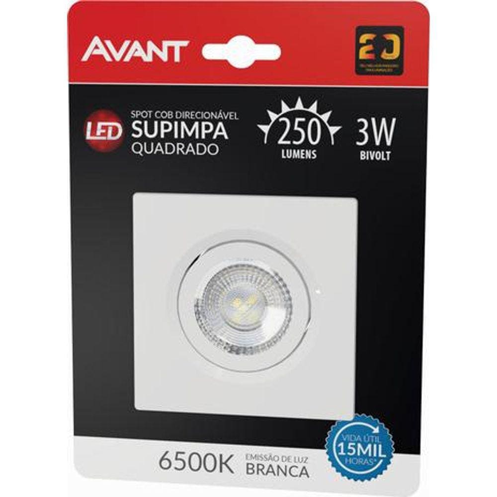Spot de LED 6500K 3W quadrado - Luz Branca