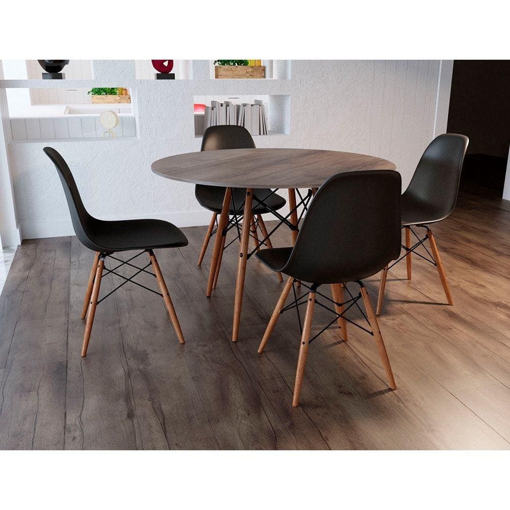 Conjunto De Mesa De Jantar Eames Eiffel Redonda 110cm Tampo De Madeira Amêndoa Com 4 Cadeiras Pretas