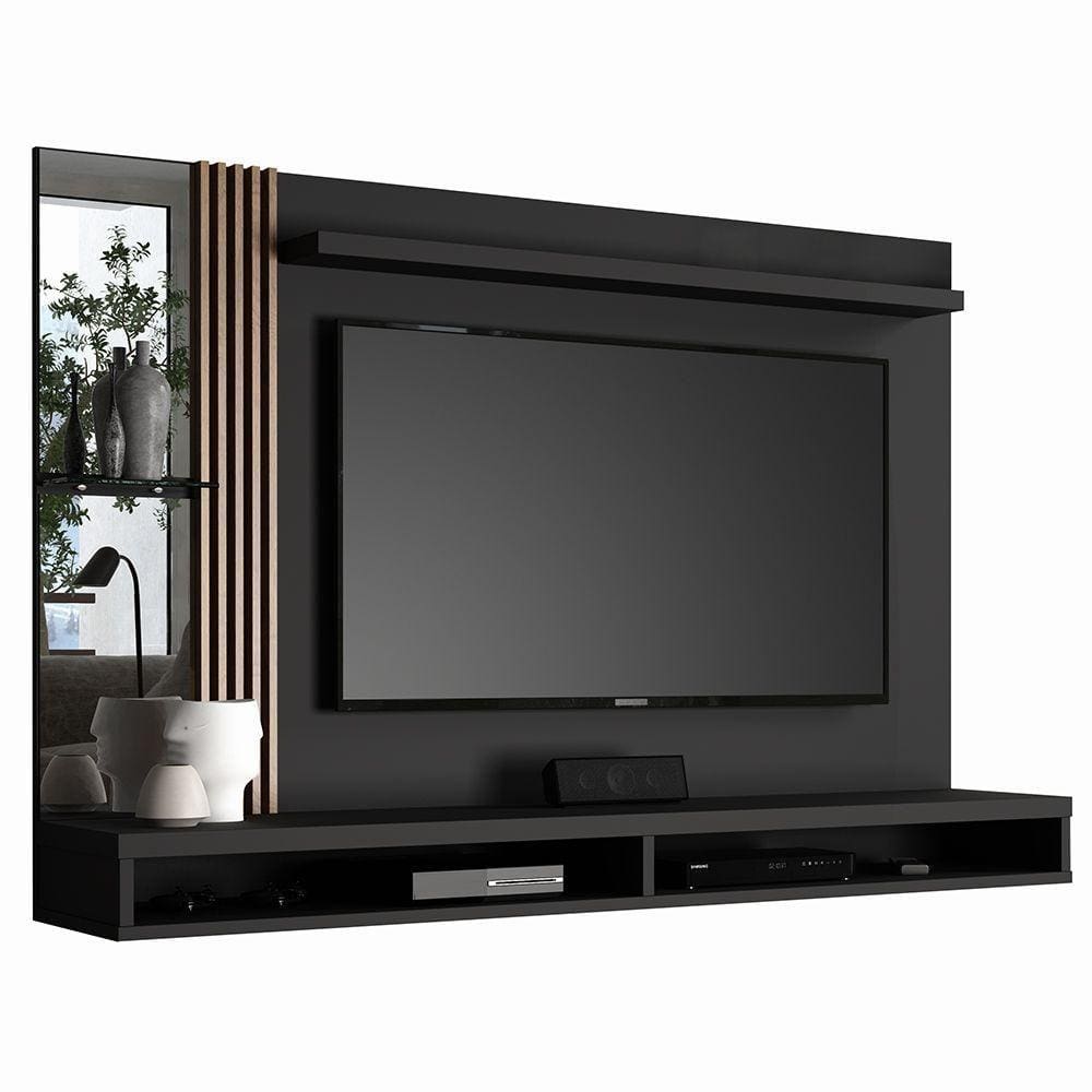 Painel Home Para Tv Até 55\" Ripado c/ Espelho Preto/Naturale